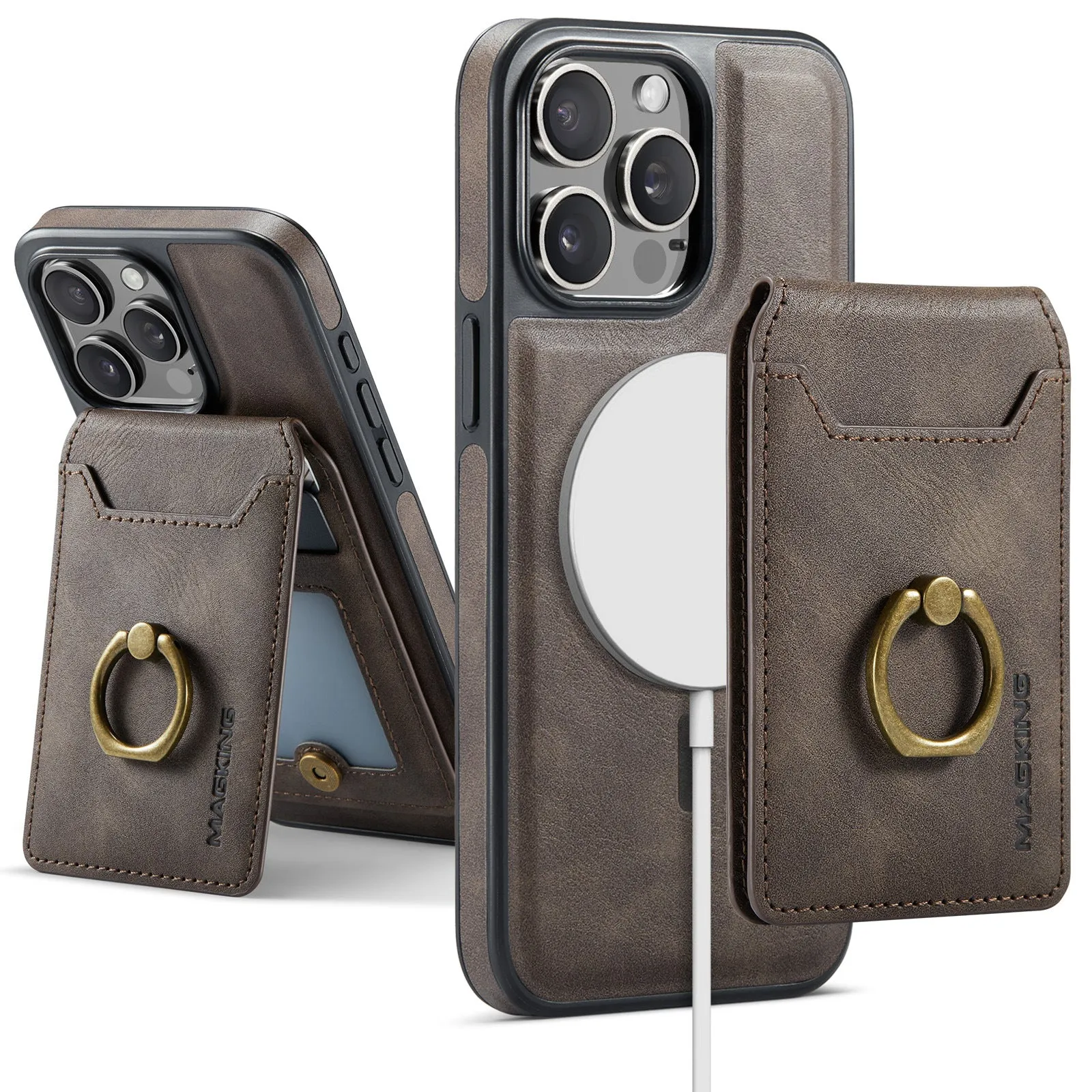 2 in 1 Detachable Card Bag Magnetic Wallet Leather Case With Ring Holder For iPhone