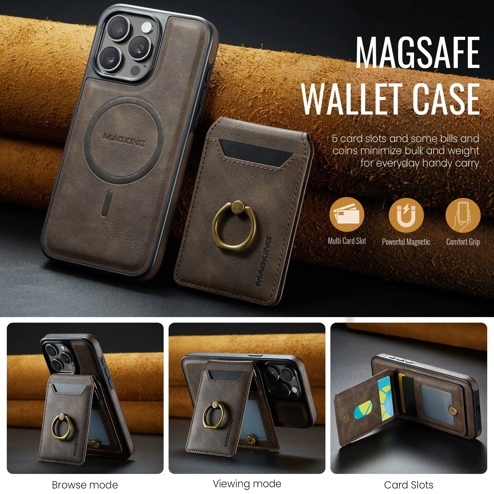 2 in 1 Detachable Card Bag Magnetic Wallet Leather Case With Ring Holder For iPhone