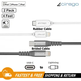 2Pack MFi Certified 4ft USB-C to Lightning Fast Charge Data Sync/Charging Cable