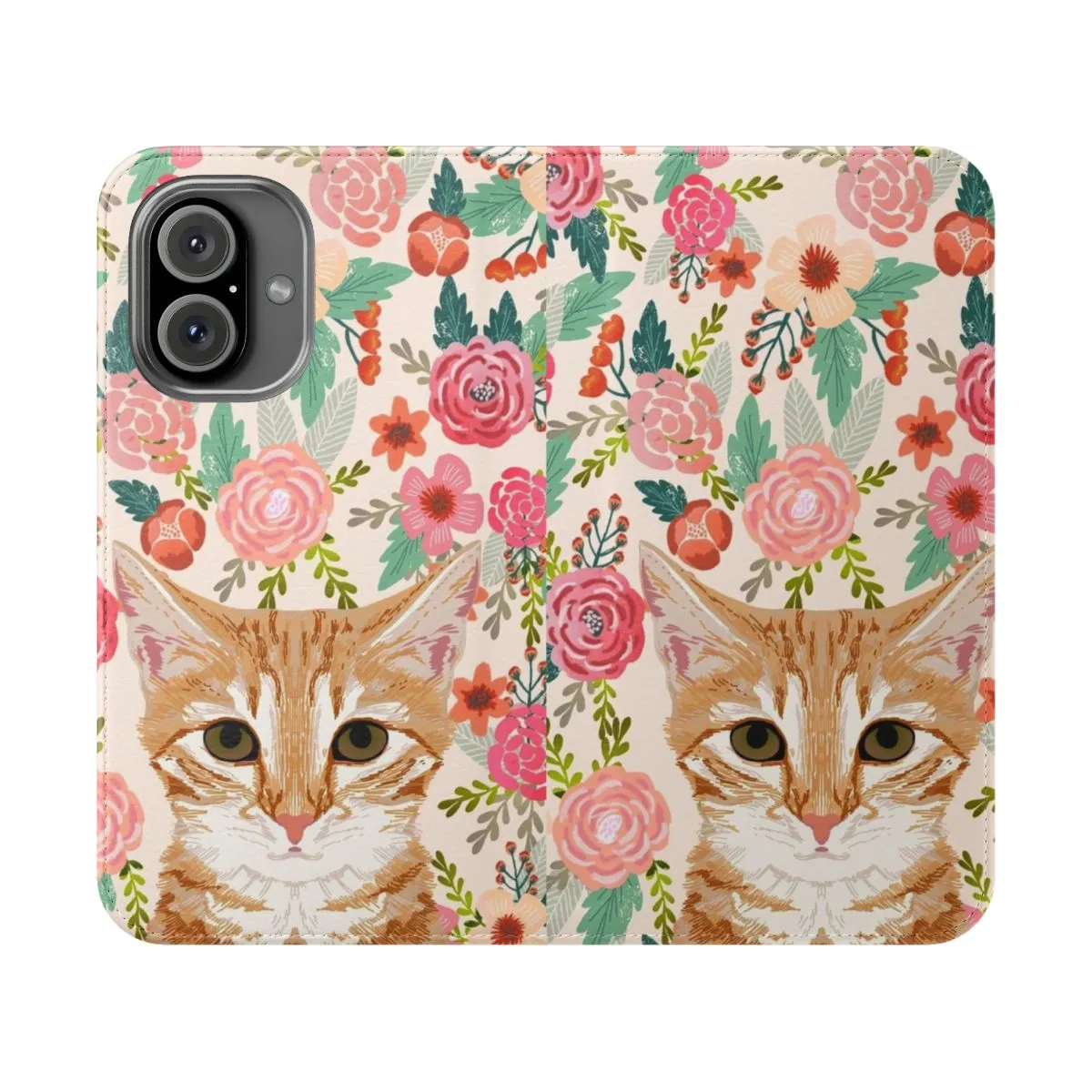 Adorable Orange Tabby Cat Floral Flip Cover Phone Case