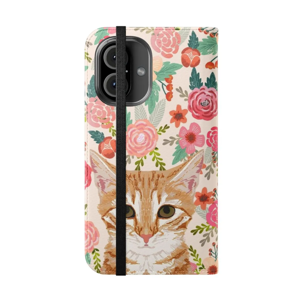 Adorable Orange Tabby Cat Floral Flip Cover Phone Case