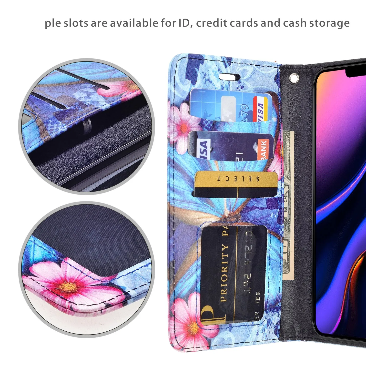 Apple iPhone 11 Case, iPhone 11 Wallet Case, Wrist Strap Pu Leather Wallet Case [Kickstand] with ID & Credit Card Slots - Blue Butterfly