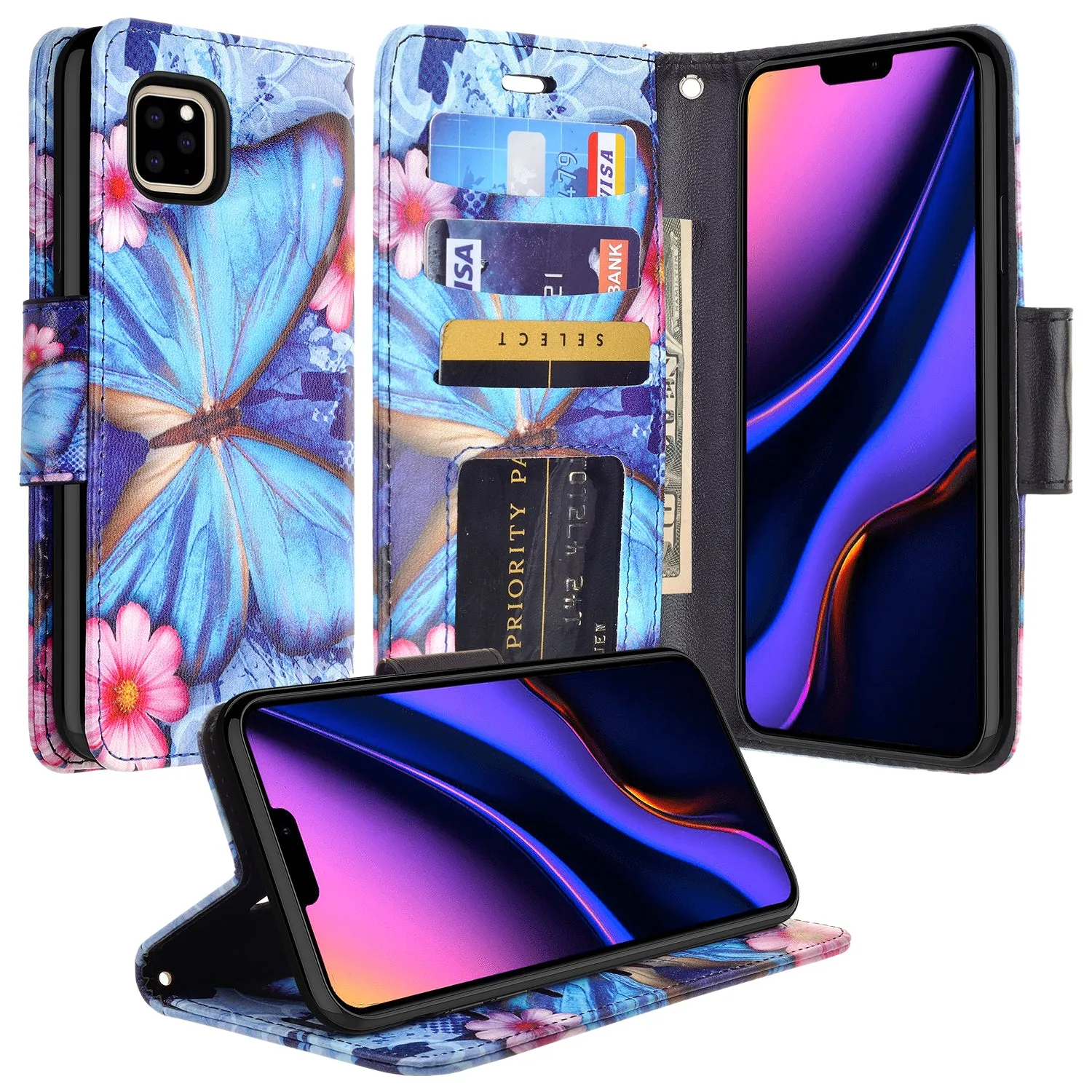 Apple iPhone 11 Case, iPhone 11 Wallet Case, Wrist Strap Pu Leather Wallet Case [Kickstand] with ID & Credit Card Slots - Blue Butterfly