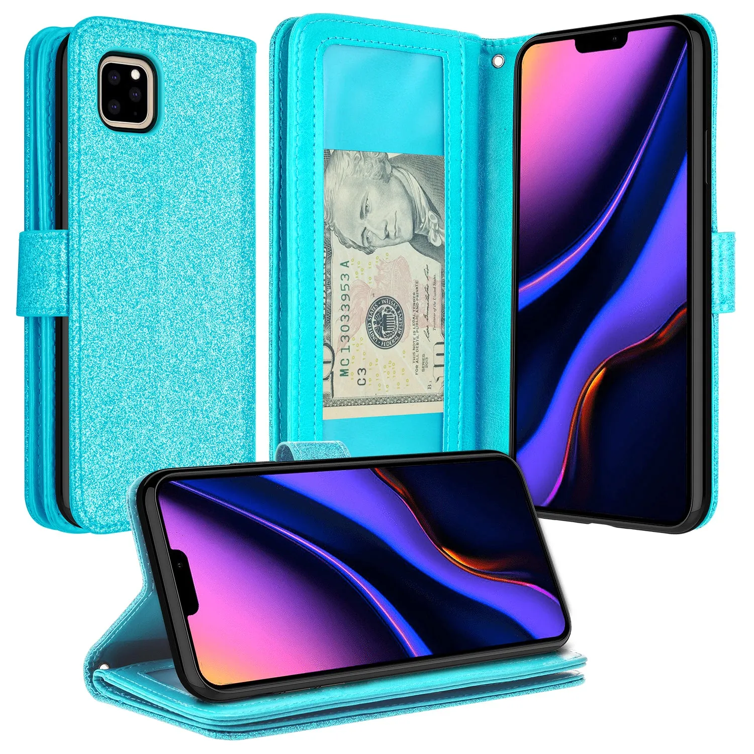 Apple iPhone 11 Pro Case, iPhone 11 Pro Case, Glitter Faux Leather Flip Credit Card Holder Wrist Strap Shockproof Protective Wallet Case Clutch for iPhone 11 Pro - Teal