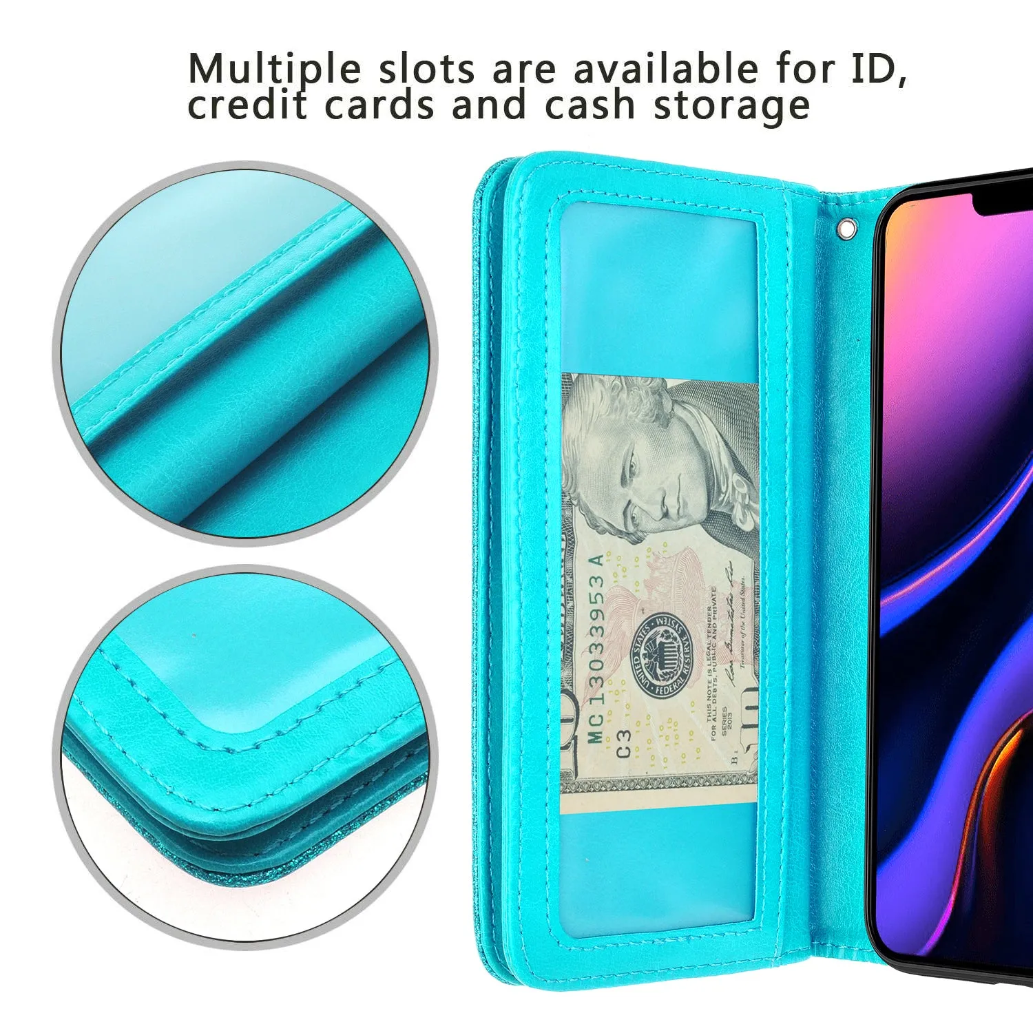 Apple iPhone 11 Pro Case, iPhone 11 Pro Case, Glitter Faux Leather Flip Credit Card Holder Wrist Strap Shockproof Protective Wallet Case Clutch for iPhone 11 Pro - Teal