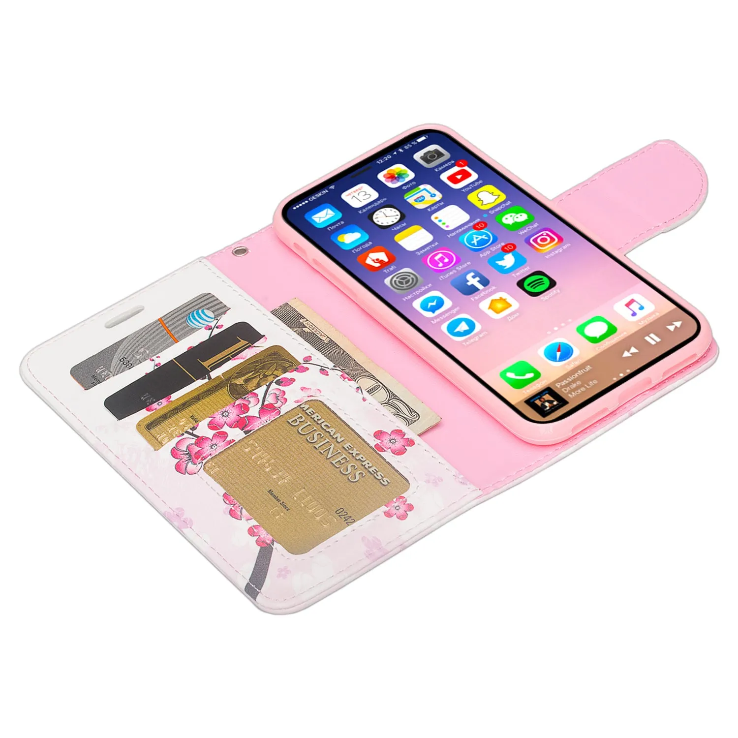 Apple iPhone ??? | iPhone Ten Case, iPhone ??? | iPhone Ten Wallet Case, Slim Flip Folio [Kickstand] Pu Leather Wallet Case with ID & Card Slots & Pocket   Wrist Strap - Cherry Blossom