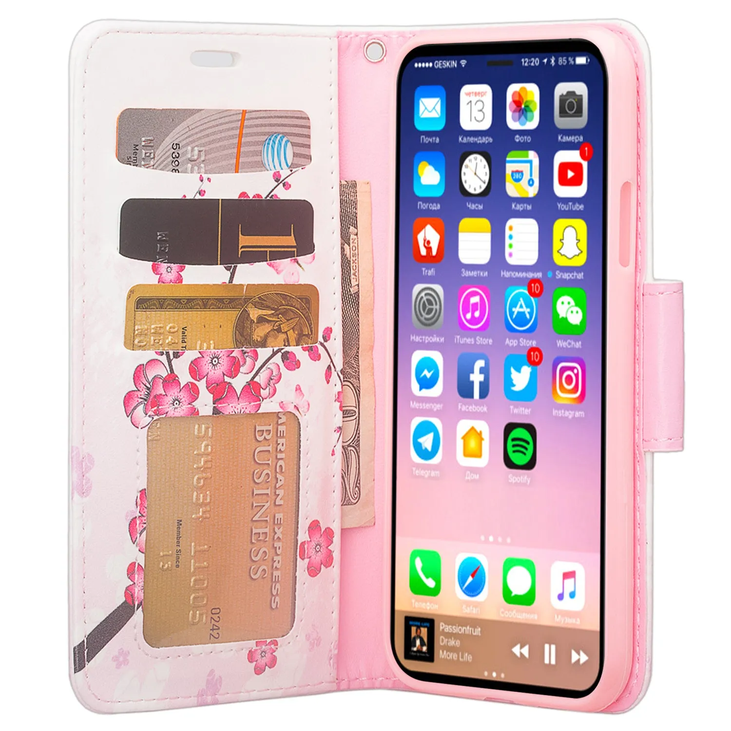 Apple iPhone ??? | iPhone Ten Case, iPhone ??? | iPhone Ten Wallet Case, Slim Flip Folio [Kickstand] Pu Leather Wallet Case with ID & Card Slots & Pocket   Wrist Strap - Cherry Blossom