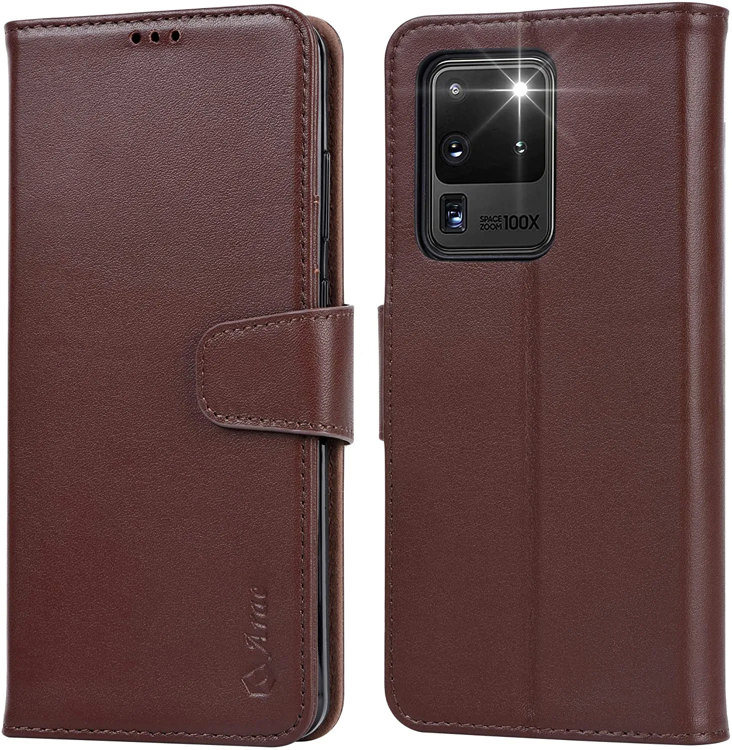 Arae Case for Samsung Galaxy S20 Ultra, Genuine Cowhide Leather Wallet Case [Wrist Strap] Flip Cover with ID&Credit Card Pockets for S20 Ultra 5G [not for S20 and Plus]