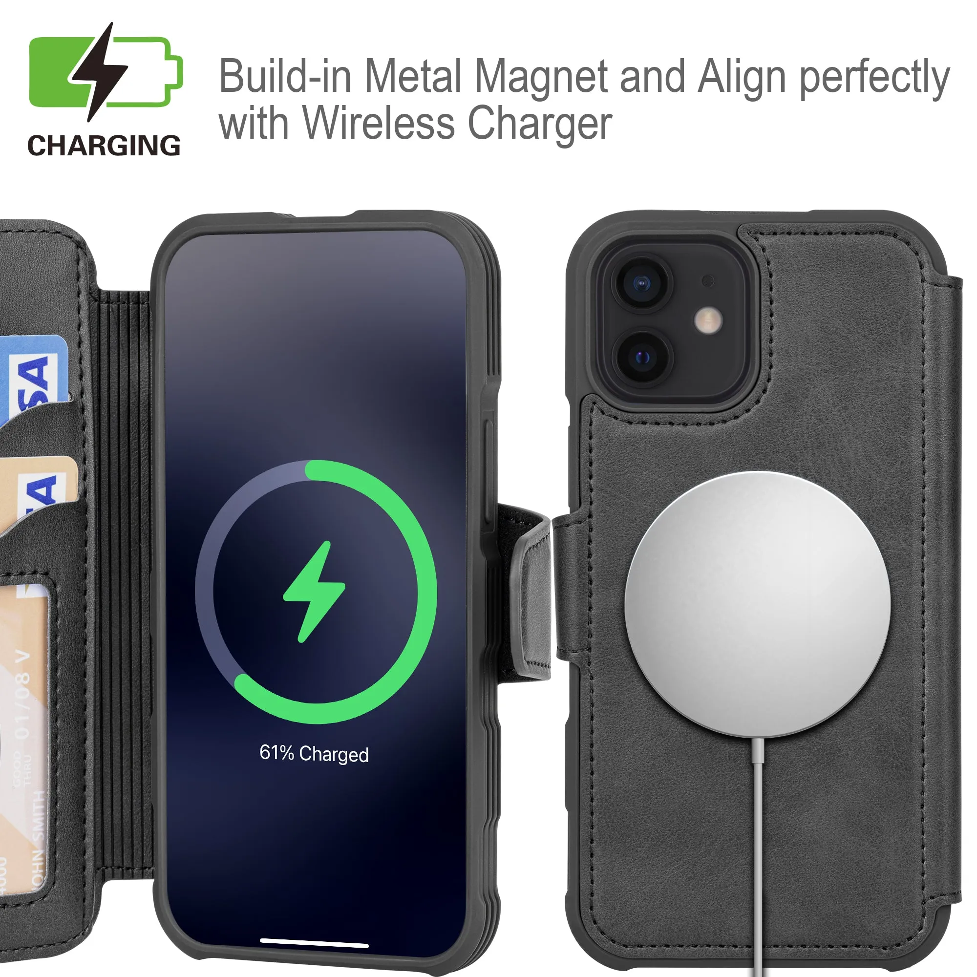 Arae Compatible with iPhone 12 Mini Case Wallet [Magnetic Wireless Charge] with Card Holder [RFID Blocking 2 Card Slot] for iPhone 12 Mini