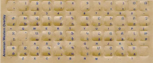 Armenian Keyboard Stickers - Transparent with Blue Letters (Lexan® Polycarbonate Material, 3M® Adhesive)