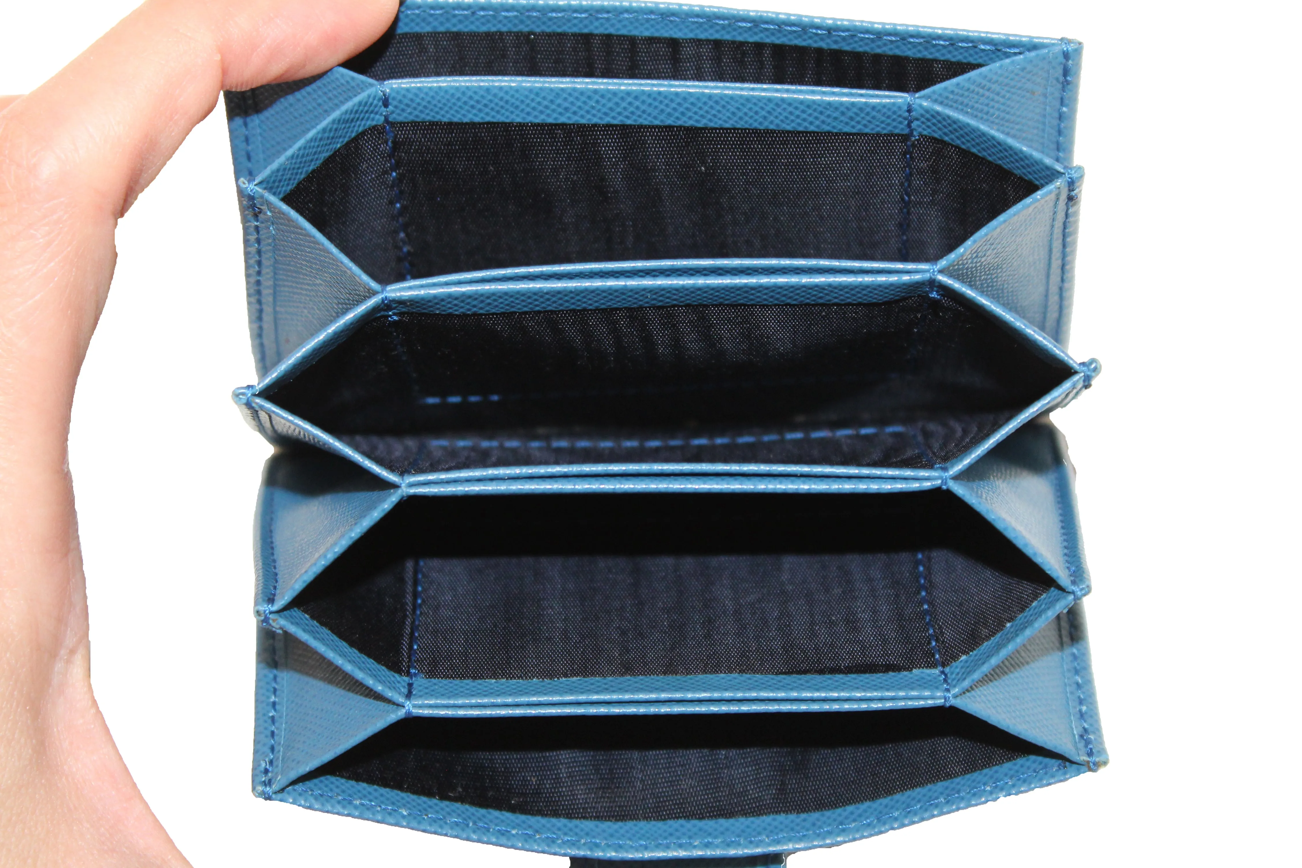 Authentic Prada Blue Saffiano Leather Accordion Card Case Holder 1MC211