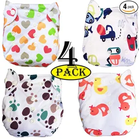 Babymoon (Pack of 4) Washable Adjustable Reusable Cloth Diaper - BlueDots Flower Duck Love