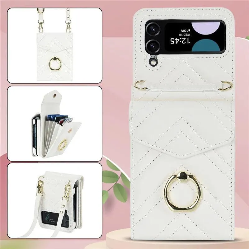 BCPC947 Cute Phone Cases for Galaxy Z Flip 5, Galaxy Z Flip 4, and Galaxy Z Flip 3 - Luxury Crossbody Leather Wallet Cover