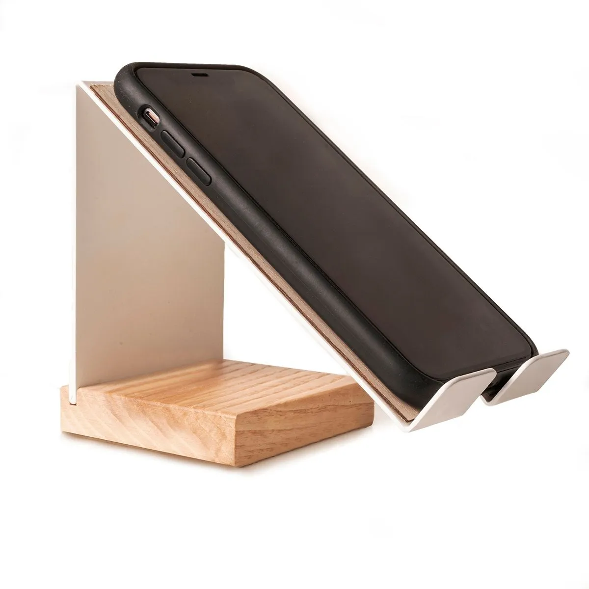 Cell phone stand metal wood base