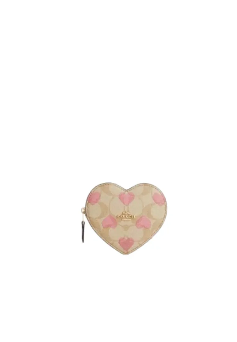 Coach Heart Coin Case Wallet In Signature Canvas with Heart Print In Light Khaki Chalk Multi CP480