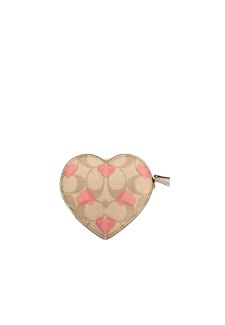 Coach Heart Coin Case Wallet In Signature Canvas with Heart Print In Light Khaki Chalk Multi CP480