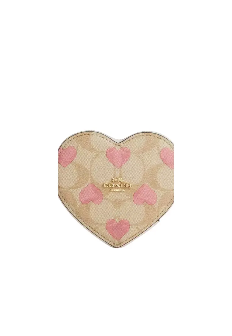 Coach Heart Coin Case Wallet In Signature Canvas with Heart Print In Light Khaki Chalk Multi CP480