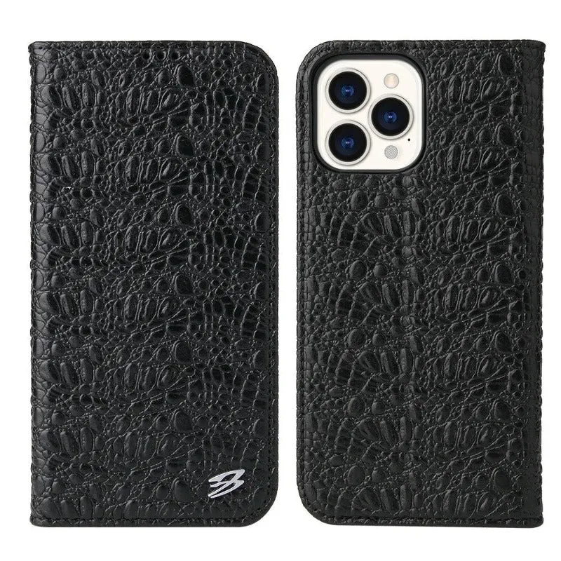 Cowhide Leather Wallet Full Fall Resistant Magnetic Phone Case For iPhone