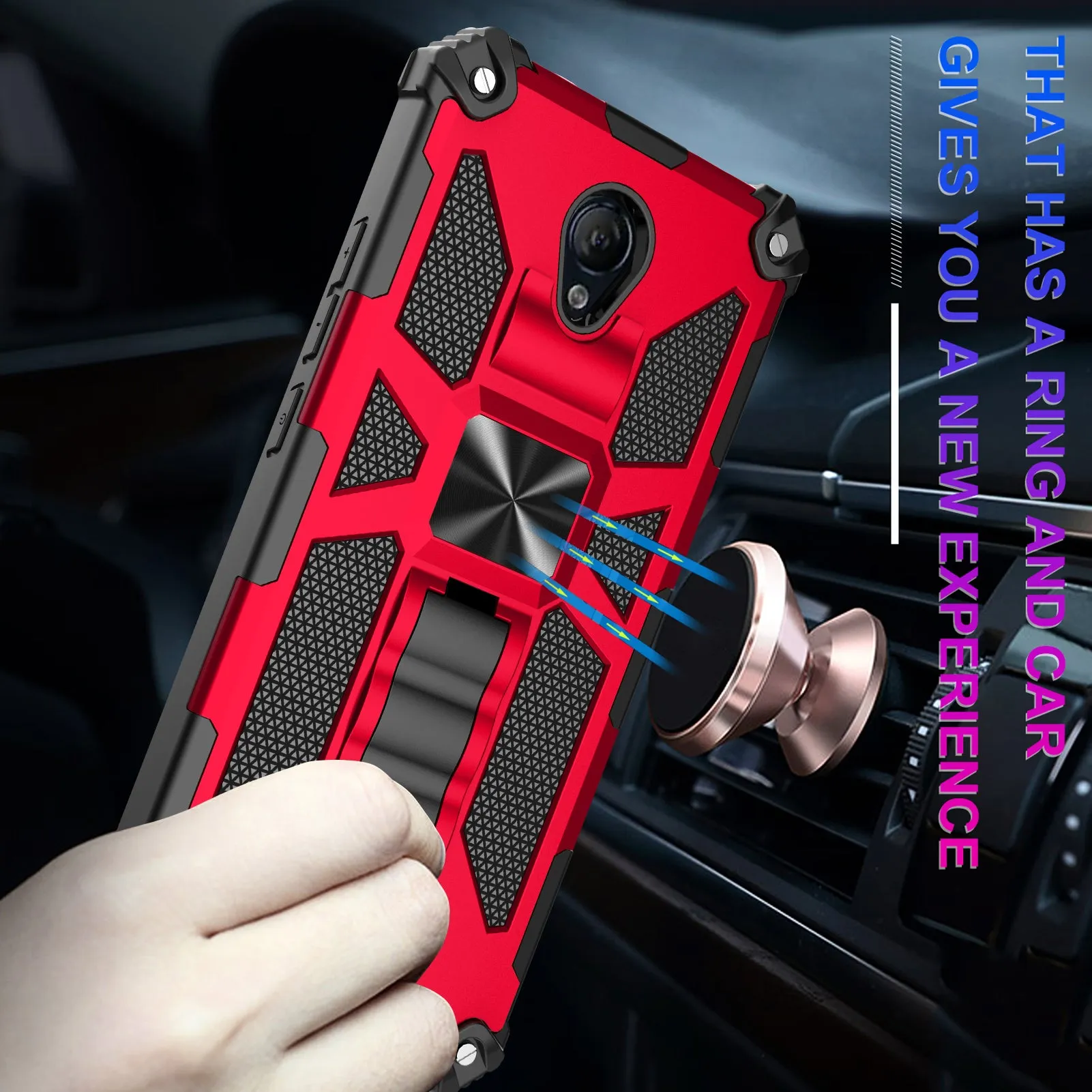 Cricket Icon 2 Case [Military Grade] Ring Car Mount Kickstand w/[Tempered Glass] Hybrid Hard PC Soft TPU Shockproof Protective Case - Red