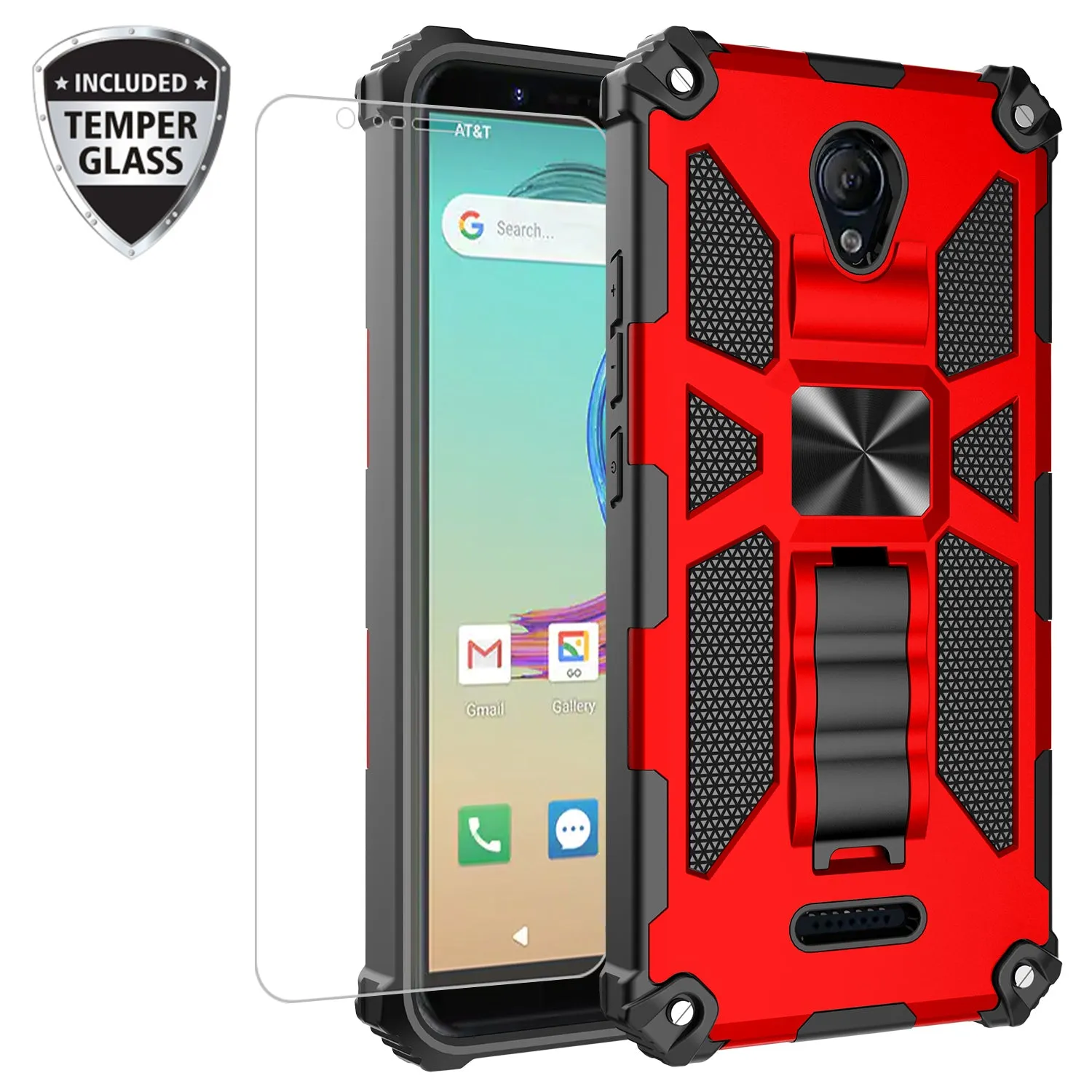 Cricket Icon 2 Case [Military Grade] Ring Car Mount Kickstand w/[Tempered Glass] Hybrid Hard PC Soft TPU Shockproof Protective Case - Red