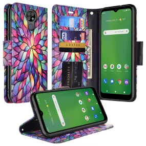 Cricket Ovation Case, AT&T Radiant Max Wallet Case, Wrist Strap Pu Leather Wallet Case [Kickstand] with ID & Credit Card Slots - Rainbow Flower