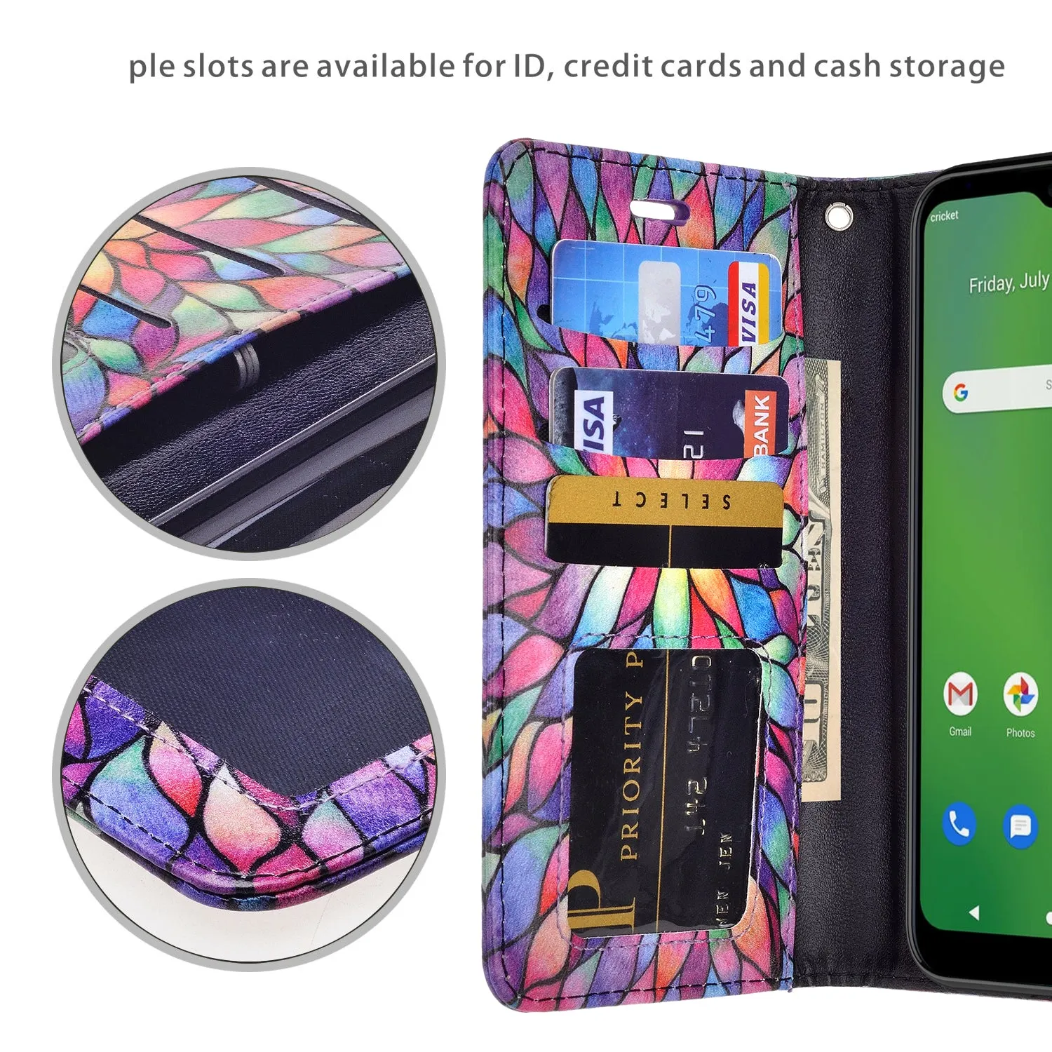 Cricket Ovation Case, AT&T Radiant Max Wallet Case, Wrist Strap Pu Leather Wallet Case [Kickstand] with ID & Credit Card Slots - Rainbow Flower