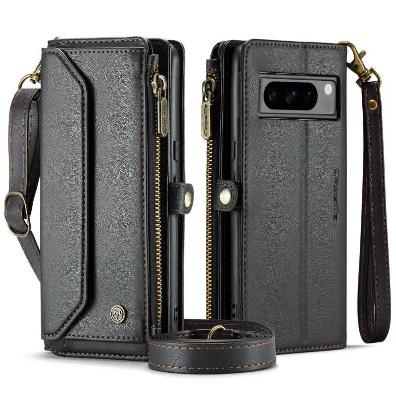 Crossbody PU Leather Wallet Phone Case with 10-Card Holder Zipper Bills Slot Shoulder Strap For Google Pixel 8 7