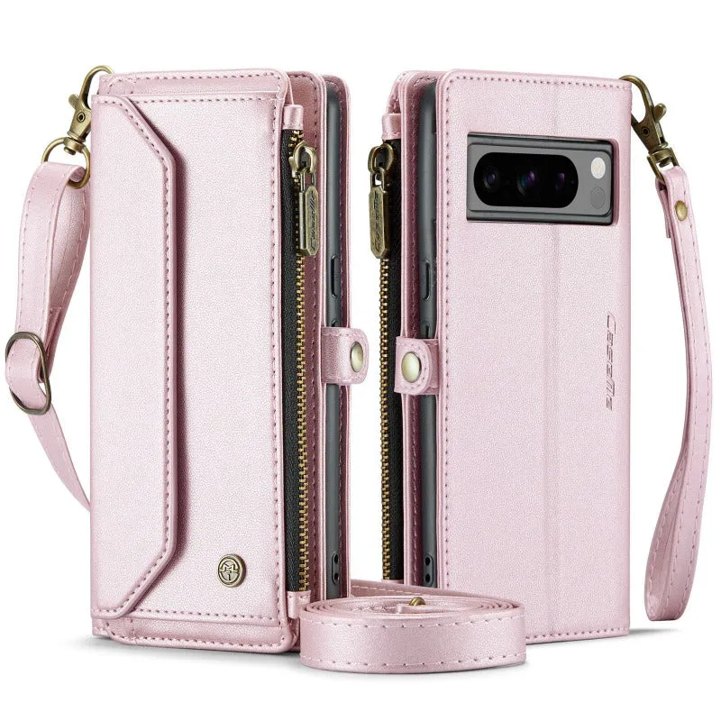 Crossbody PU Leather Wallet Phone Case with 10-Card Holder Zipper Bills Slot Shoulder Strap For Google Pixel 8 7