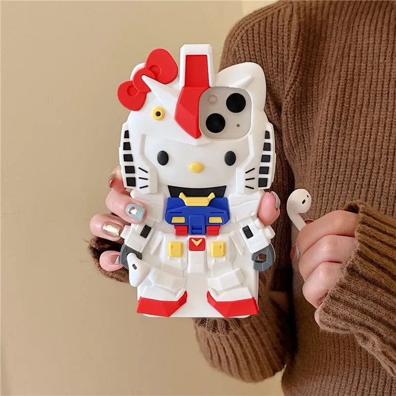 Cute 3D Hello Kitty x Gundam Cartoon Design Protective Shockproof iPhone Case   Built in AirPods Holder for iPhone 11 12 13 14 15 Pro Max