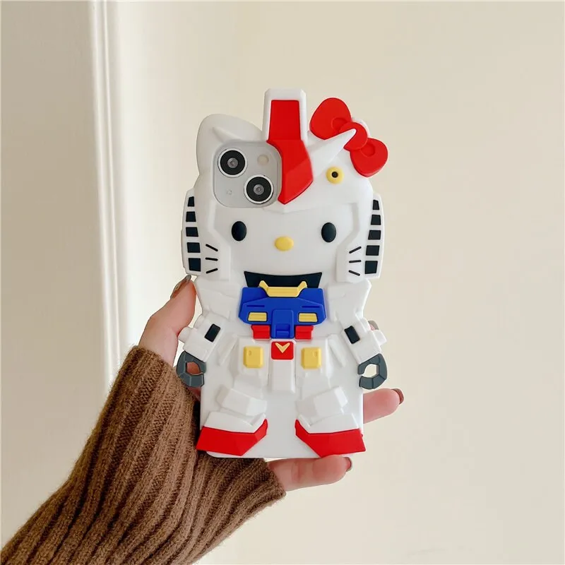 Cute 3D Hello Kitty x Gundam Cartoon Design Protective Shockproof iPhone Case   Built in AirPods Holder for iPhone 11 12 13 14 15 Pro Max