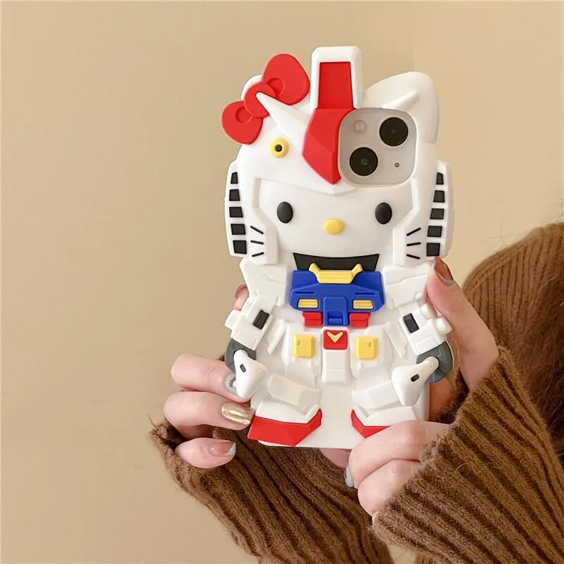 Cute 3D Hello Kitty x Gundam Cartoon Design Protective Shockproof iPhone Case   Built in AirPods Holder for iPhone 11 12 13 14 15 Pro Max