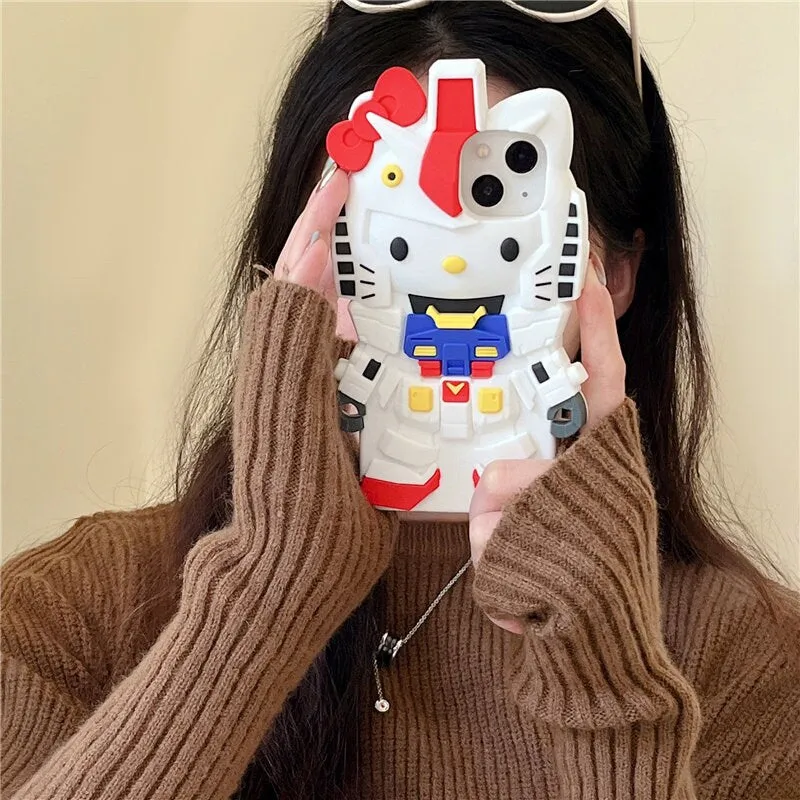 Cute 3D Hello Kitty x Gundam Cartoon Design Protective Shockproof iPhone Case   Built in AirPods Holder for iPhone 11 12 13 14 15 Pro Max