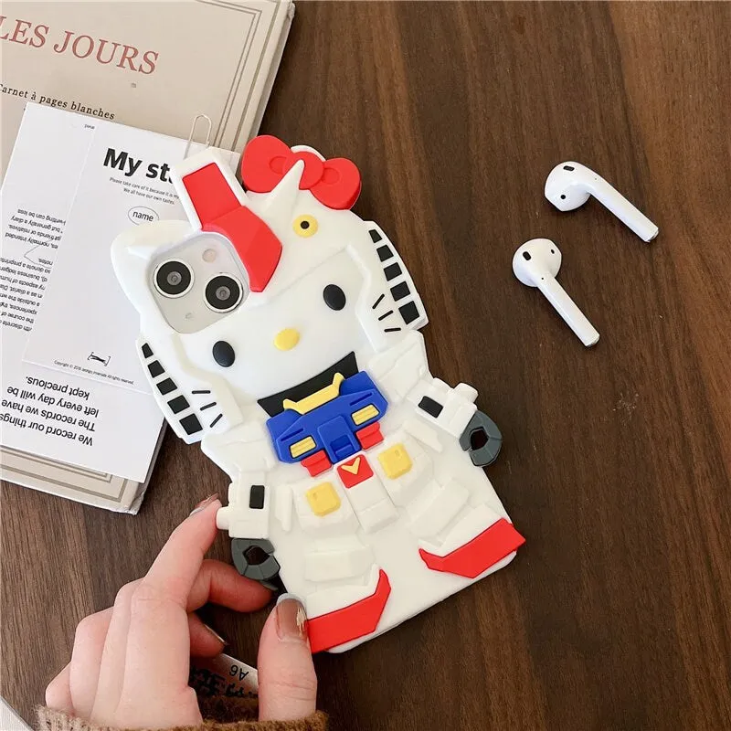 Cute 3D Hello Kitty x Gundam Cartoon Design Protective Shockproof iPhone Case   Built in AirPods Holder for iPhone 11 12 13 14 15 Pro Max