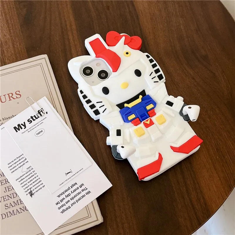 Cute 3D Hello Kitty x Gundam Cartoon Design Protective Shockproof iPhone Case   Built in AirPods Holder for iPhone 11 12 13 14 15 Pro Max