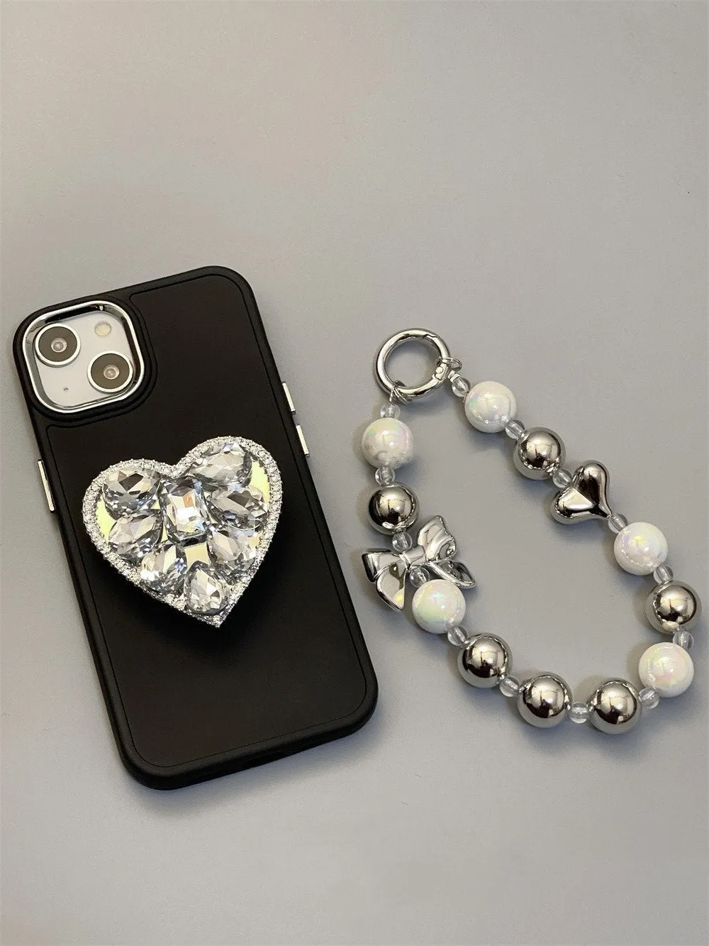 Cute Bling Solid Phone Case with Built in Rhinestone Gem Heart Stand   Pearl Strap Protective Shockproof iPhone X XS XR 11 12 13 14 Pro Max