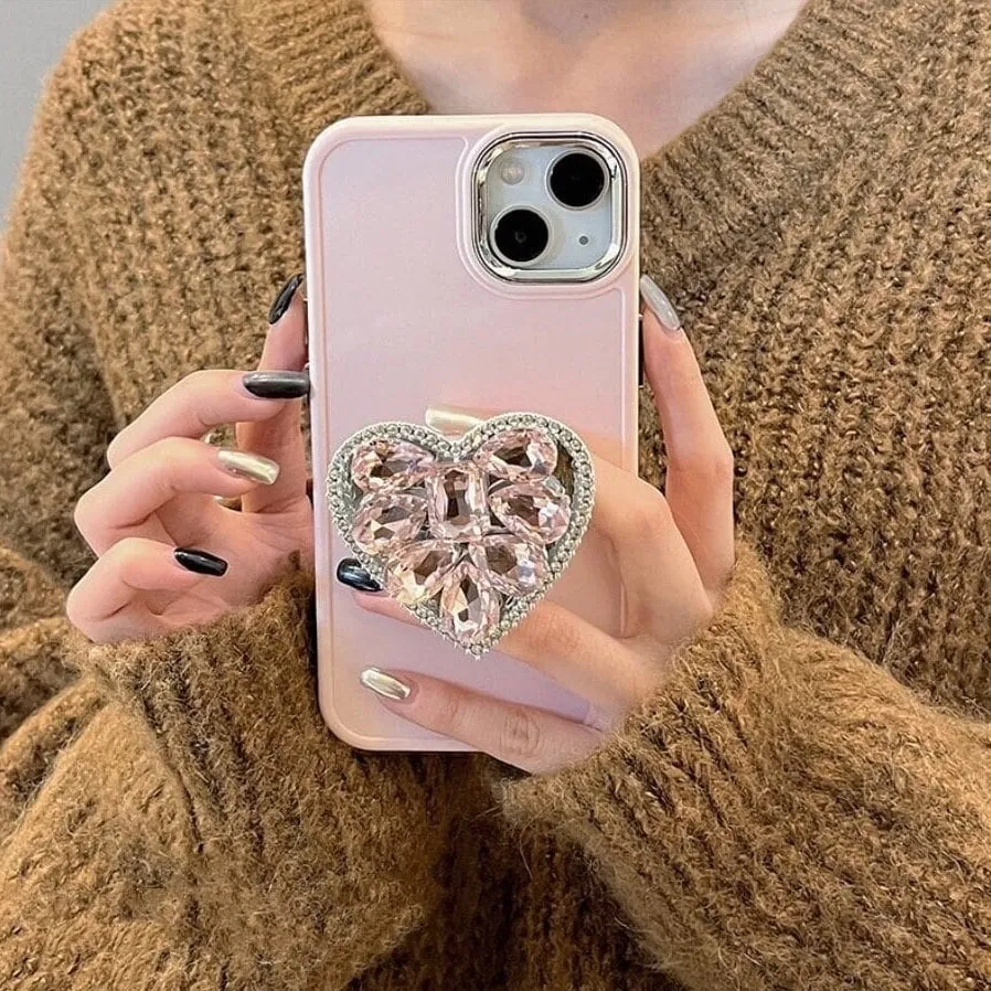 Cute Bling Solid Phone Case with Built in Rhinestone Gem Heart Stand   Pearl Strap Protective Shockproof iPhone X XS XR 11 12 13 14 Pro Max