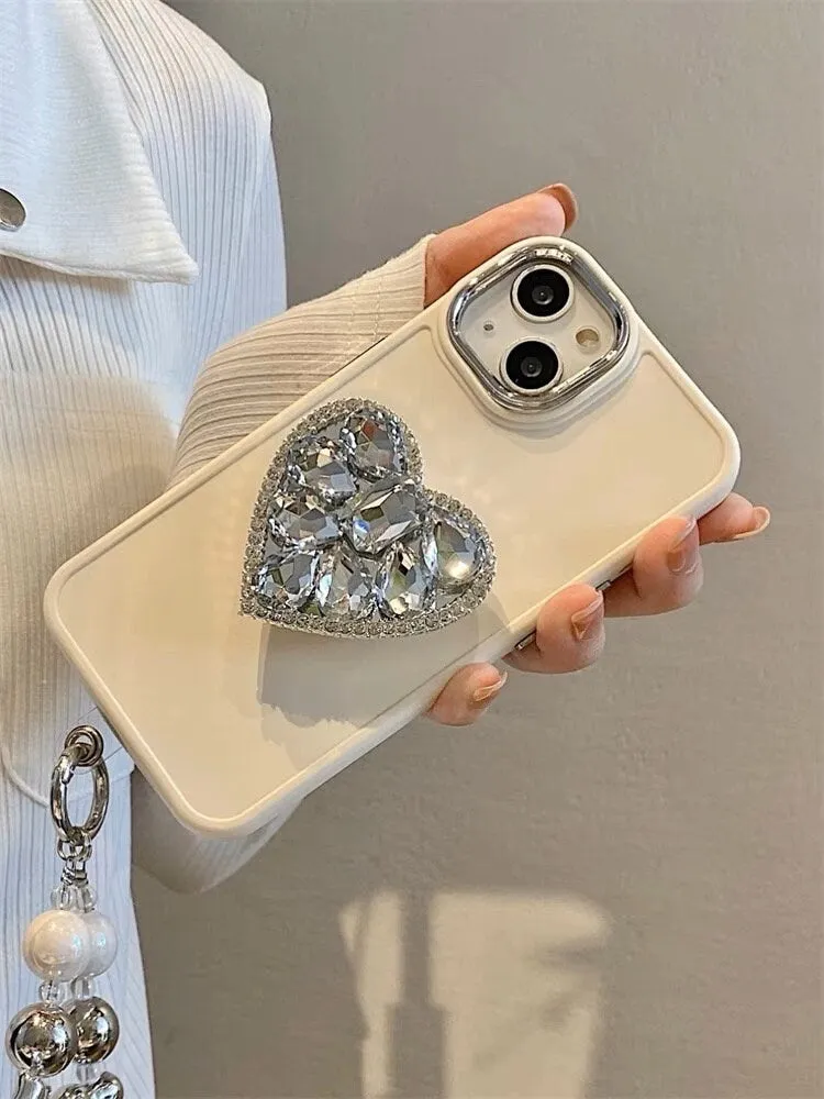 Cute Bling Solid Phone Case with Built in Rhinestone Gem Heart Stand   Pearl Strap Protective Shockproof iPhone X XS XR 11 12 13 14 Pro Max