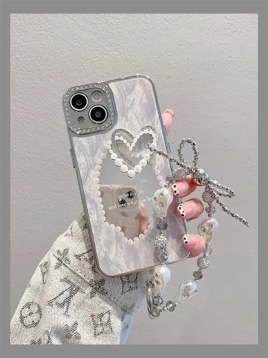 Cute Silver Grey Electroplated Heart Shape Mirror Design Protective Shockproof Phone Case   Hand Strap for iPhone 11 12 13 14 15 Pro Max