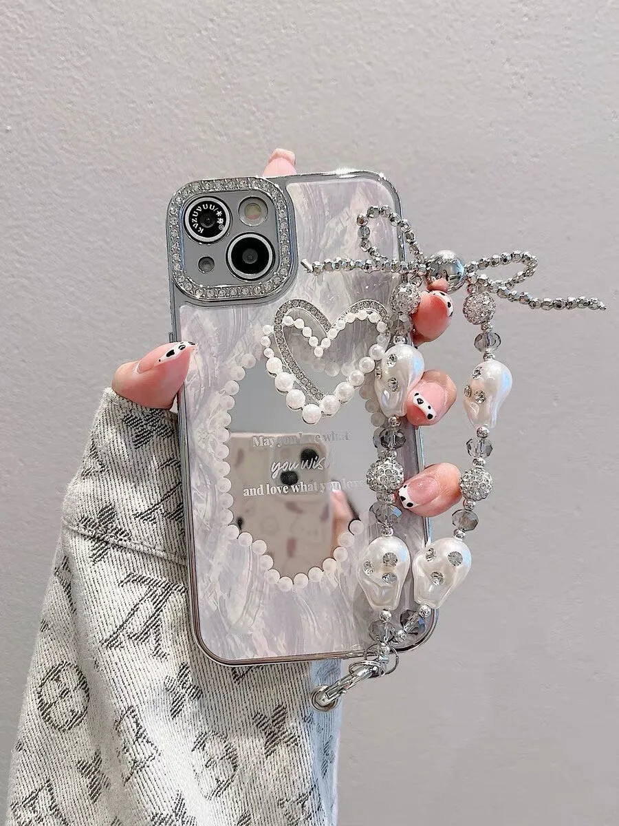 Cute Silver Grey Electroplated Heart Shape Mirror Design Protective Shockproof Phone Case   Hand Strap for iPhone 11 12 13 14 15 Pro Max