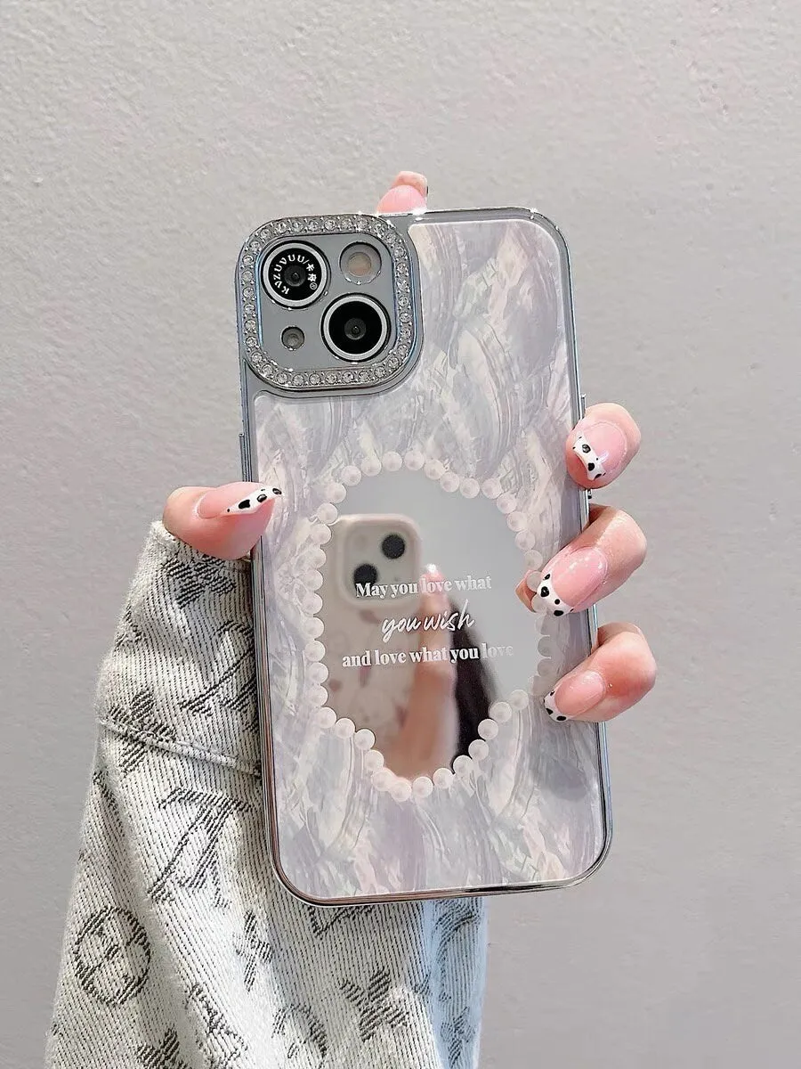 Cute Silver Grey Electroplated Heart Shape Mirror Design Protective Shockproof Phone Case   Hand Strap for iPhone 11 12 13 14 15 Pro Max