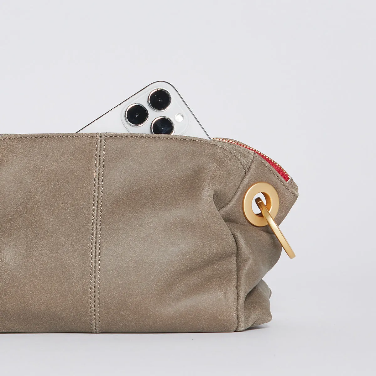 Daniel Crossbody Clutch | Pewter/Brushed Gold Red Zip | Sml