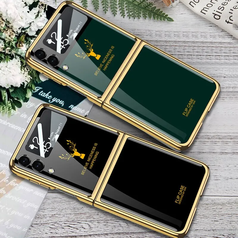 Deer Plating Tempered Glass Phone Case With Camera Protection For Samsung Galaxy Z