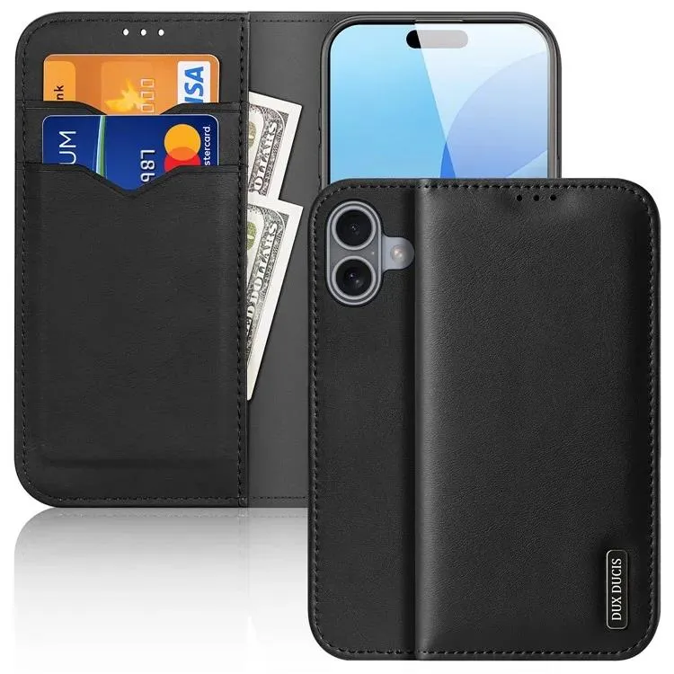 DUX DUCIS Genuine Real Leather Flip RFID Wallet Case for Apple iPhone 16 Plus - Black