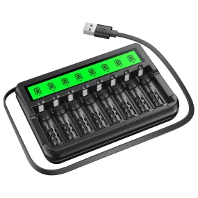 EBL FY-819 Two-Way 8 Bay Smart LCD Fast Charger for AA / AAA NiMH Rechargeable Batteries with Individual Slot, Built-in USB and Micro USB, Indicator Lights, and Intelligent Battery Detection