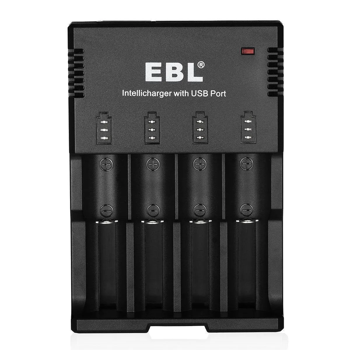 EBL LN-6996 4-Bay Universal Battery Charger with iQuick 500mA Fast Charging, USB Port, and LED Status Indicator Lights for Rechargeable Li-Ion Ni-MH, and Ni-CD Batteries