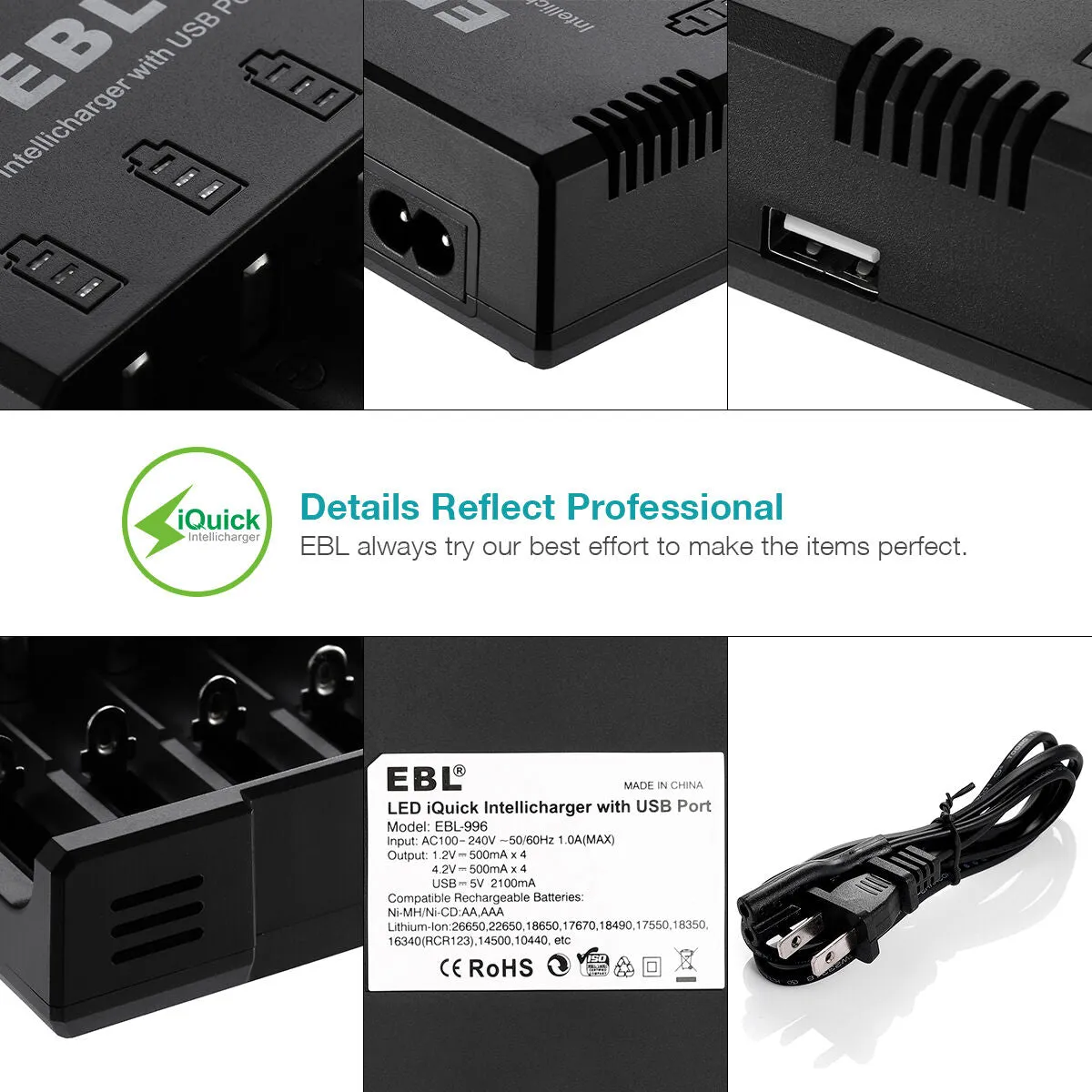 EBL LN-6996 4-Bay Universal Battery Charger with iQuick 500mA Fast Charging, USB Port, and LED Status Indicator Lights for Rechargeable Li-Ion Ni-MH, and Ni-CD Batteries