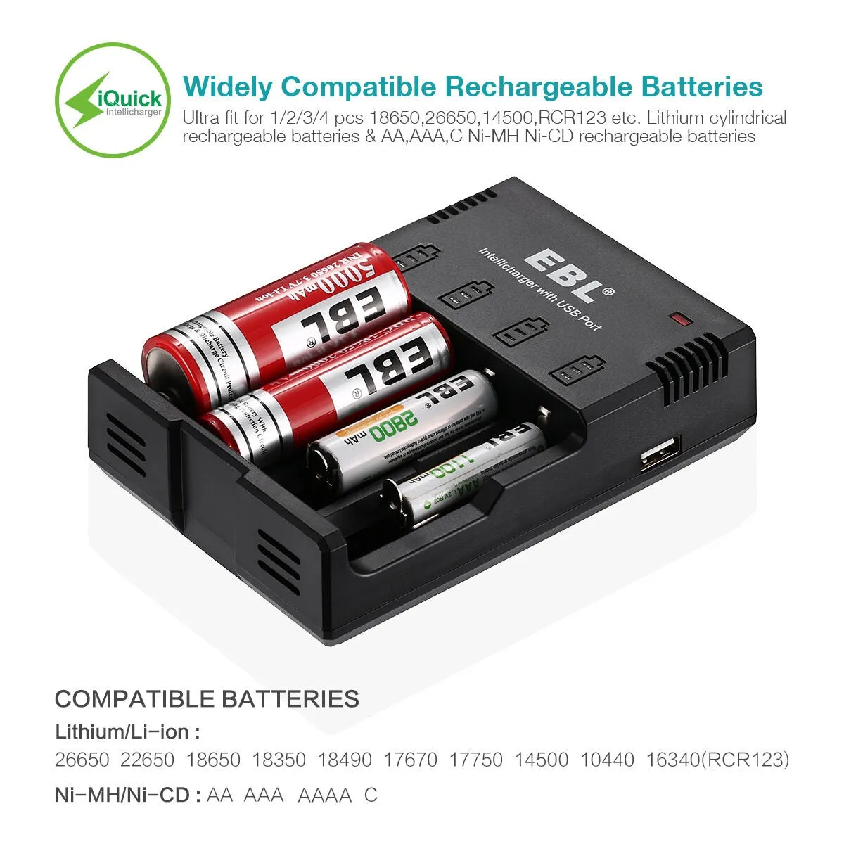 EBL LN-6996 4-Bay Universal Battery Charger with iQuick 500mA Fast Charging, USB Port, and LED Status Indicator Lights for Rechargeable Li-Ion Ni-MH, and Ni-CD Batteries