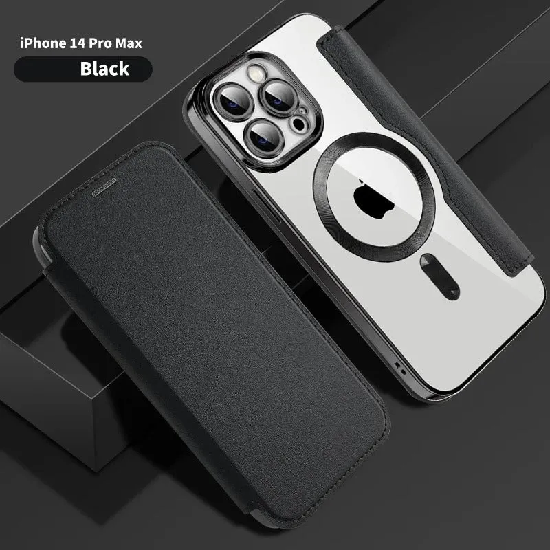 Electroplated Flip Leather Phone Case Magsafe Wireless Charging For iPhone