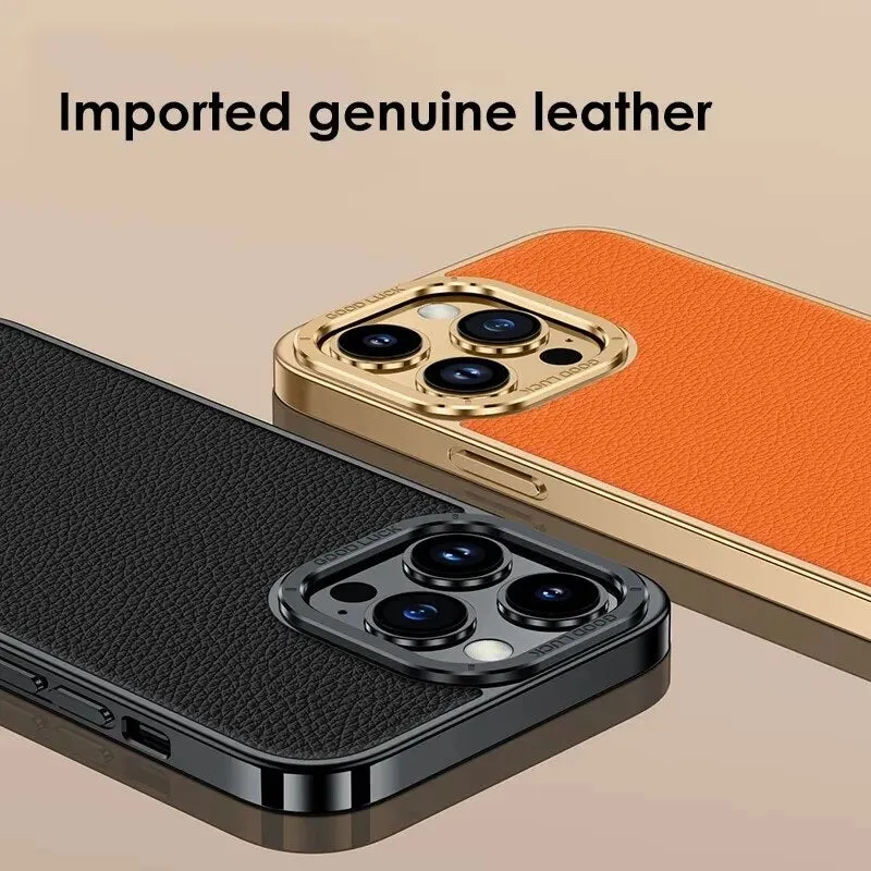 Electroplated Leather Phone Case Plating Frame Metal Lens Protection For IPhone