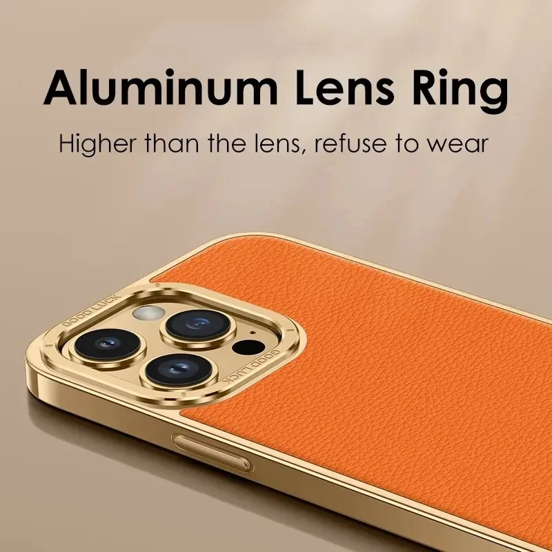 Electroplated Leather Phone Case Plating Frame Metal Lens Protection For IPhone